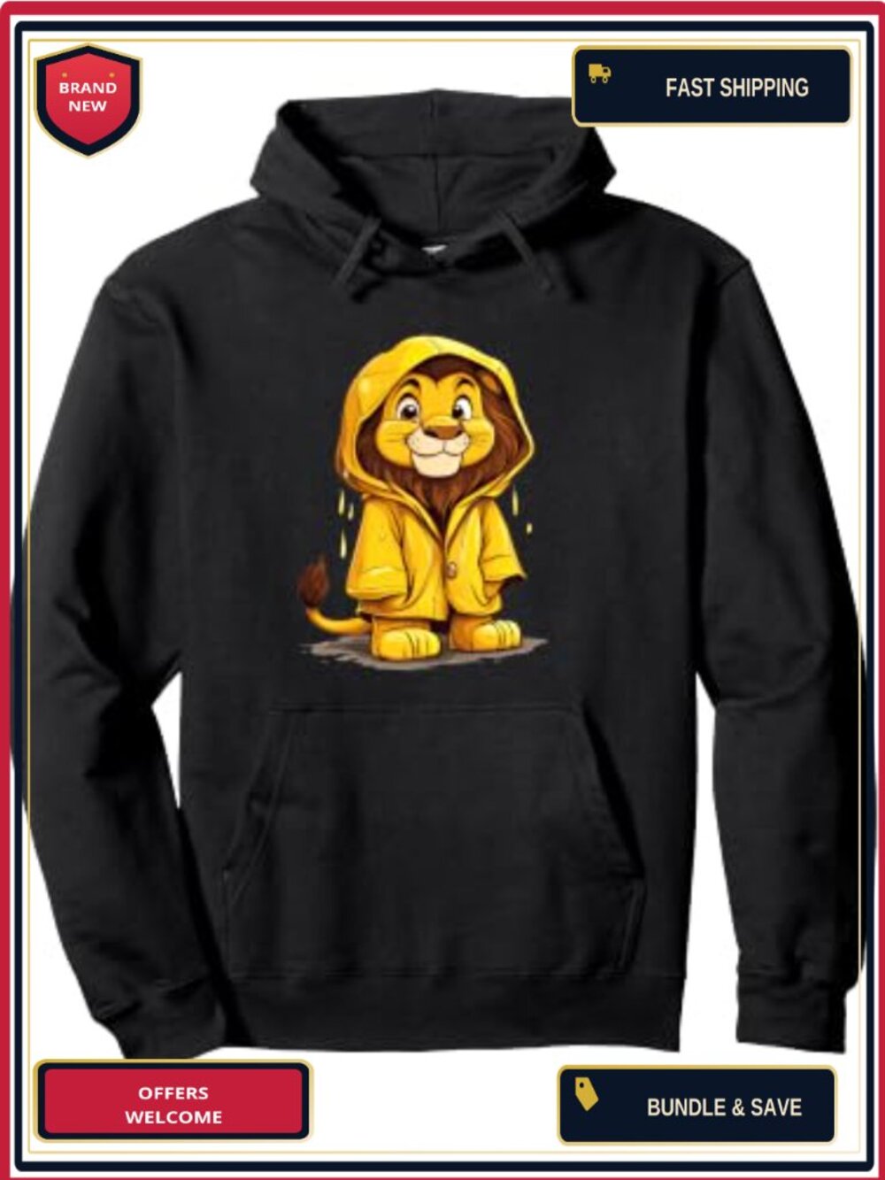 Funny Lion in Raincoat Pullover Hoodie Classic Fit Twill-Taped Neck
